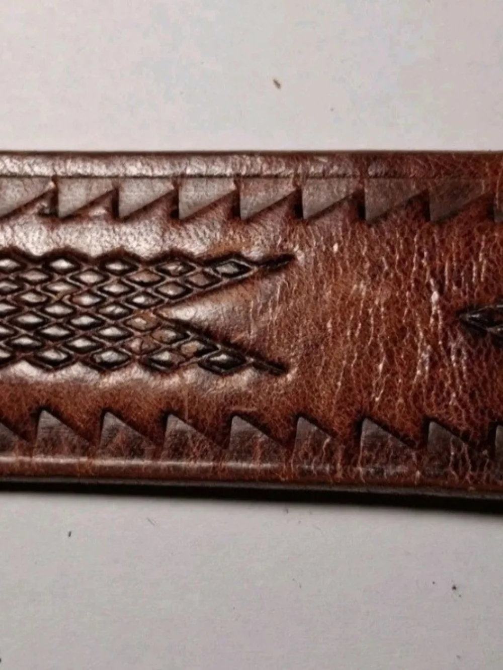 Vintage Brown Leather Belt Hand Carved Brass Buckle Mens 36